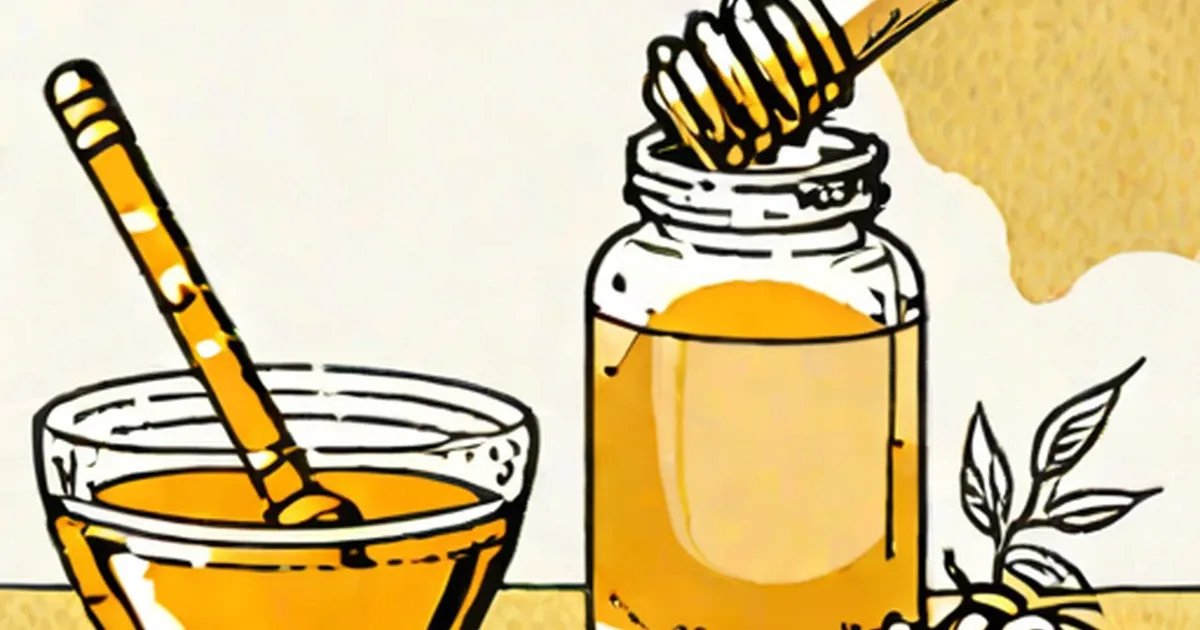 Honey dripping from a striped dipper into a clear bowl and glass jar