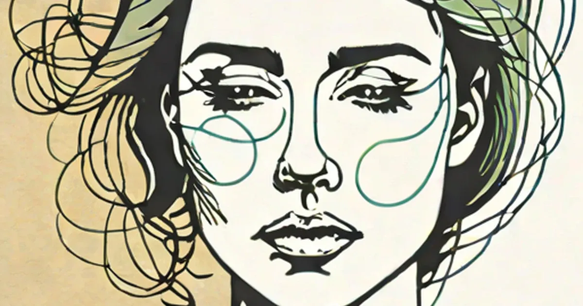 Stylized woman’s portrait in bold black line art with teal cheek markings