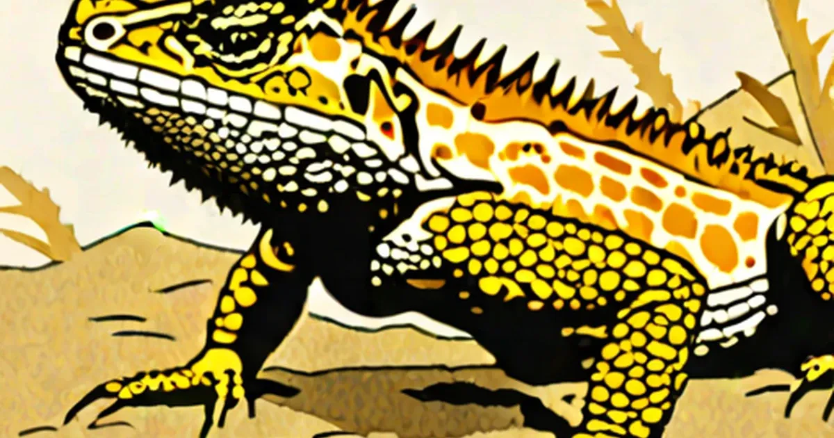 Illustrated horned lizard with yellow and orange patterning and prominent spikes