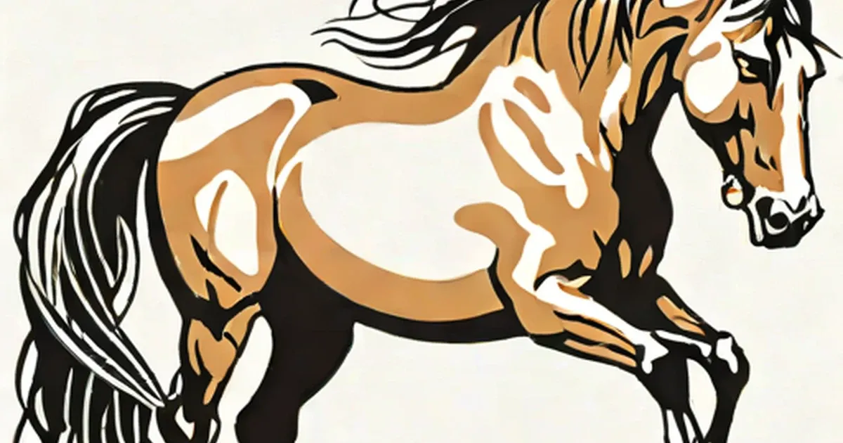 Brown horse standing in profile with black outlines and flowing mane and tail