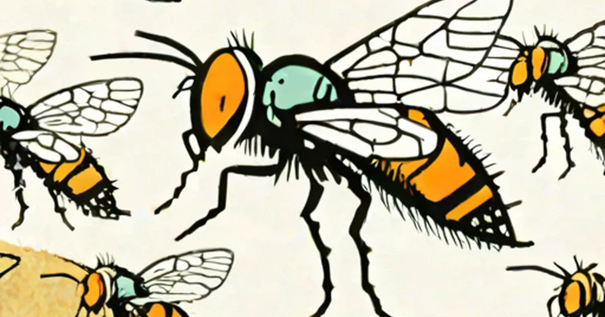 Illustrated horseflies with large orange eyes and striped yellow abdomens
