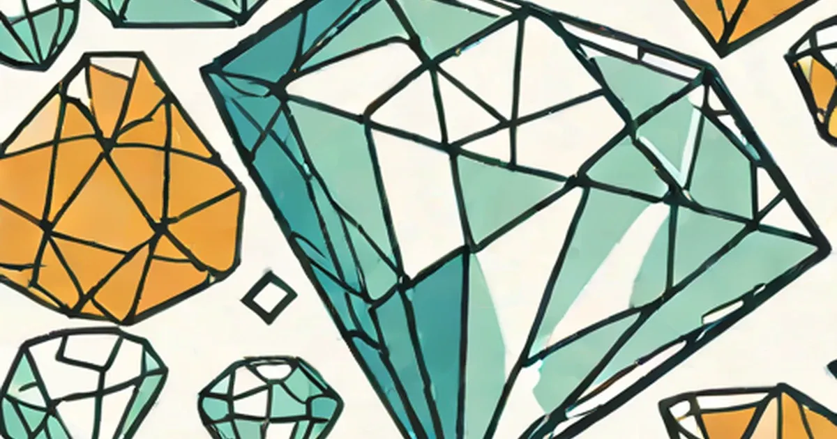 Faceted gemstones illustrated in orange and teal colors