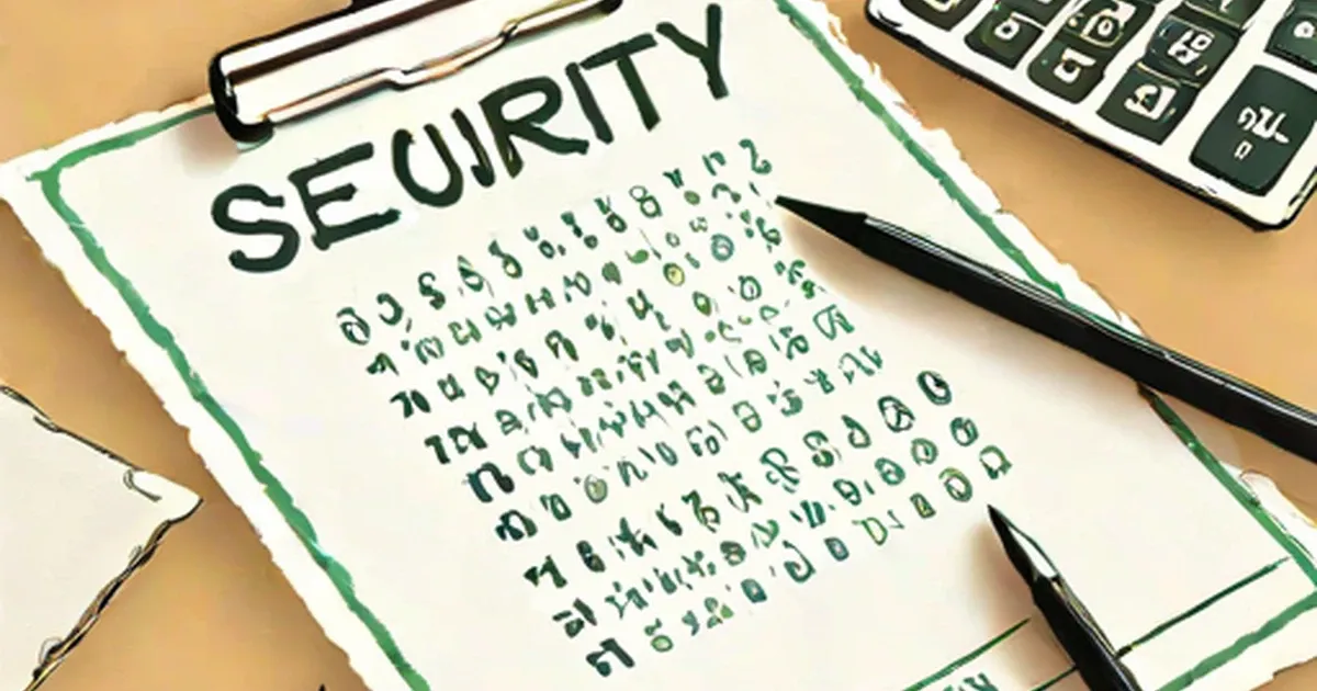 Numbers written on a notebook page labeled ‘SECURITY’, with pen and calculator nearby