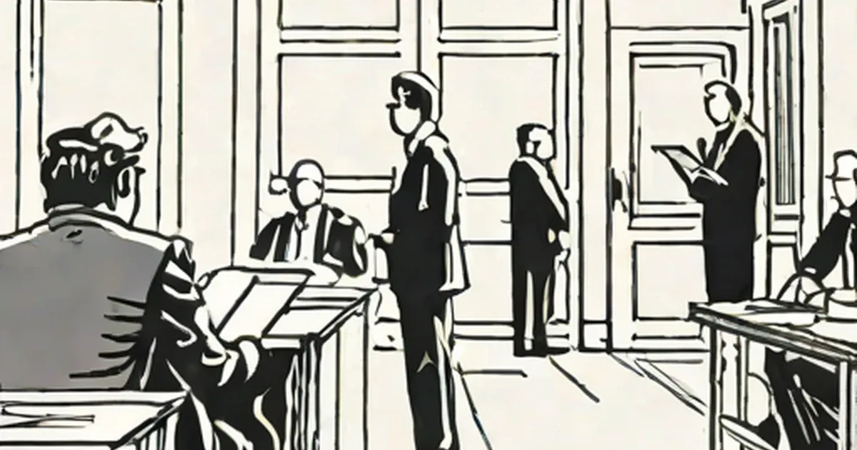 Sketch of suited professionals in a formal office or meeting room with windows