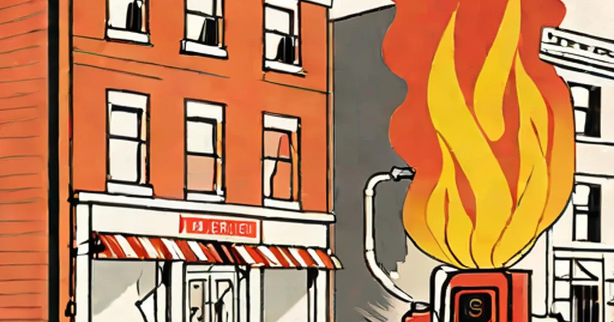Burning building facade with flames and a fire alarm box
