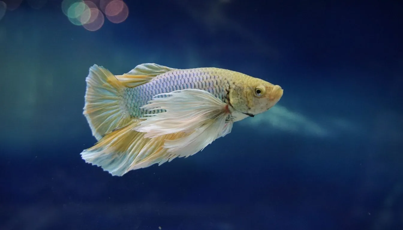 A pale betta fish with flowing fins in open water