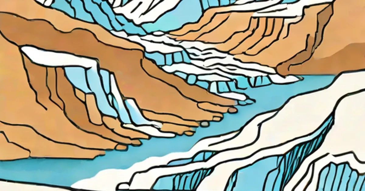 Illustrated glacier in a mountain valley showing white ice, tan bedrock, and blue meltwater