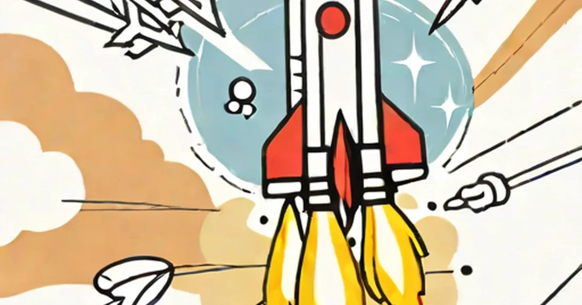 Rocket launching upward with yellow exhaust flames and orange clouds