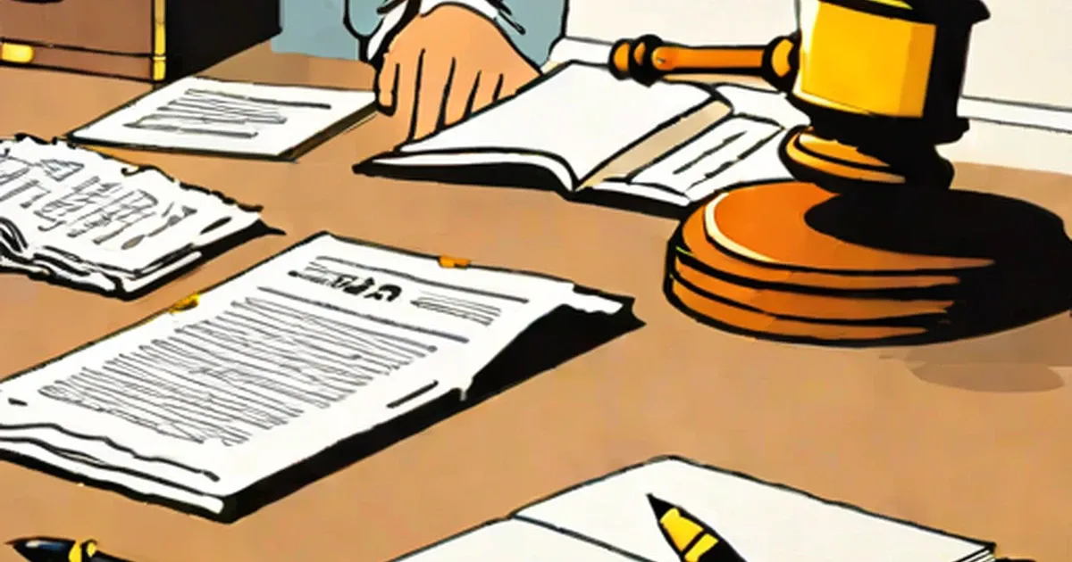 Bills and a judge’s gavel on a desk with open legal documents
