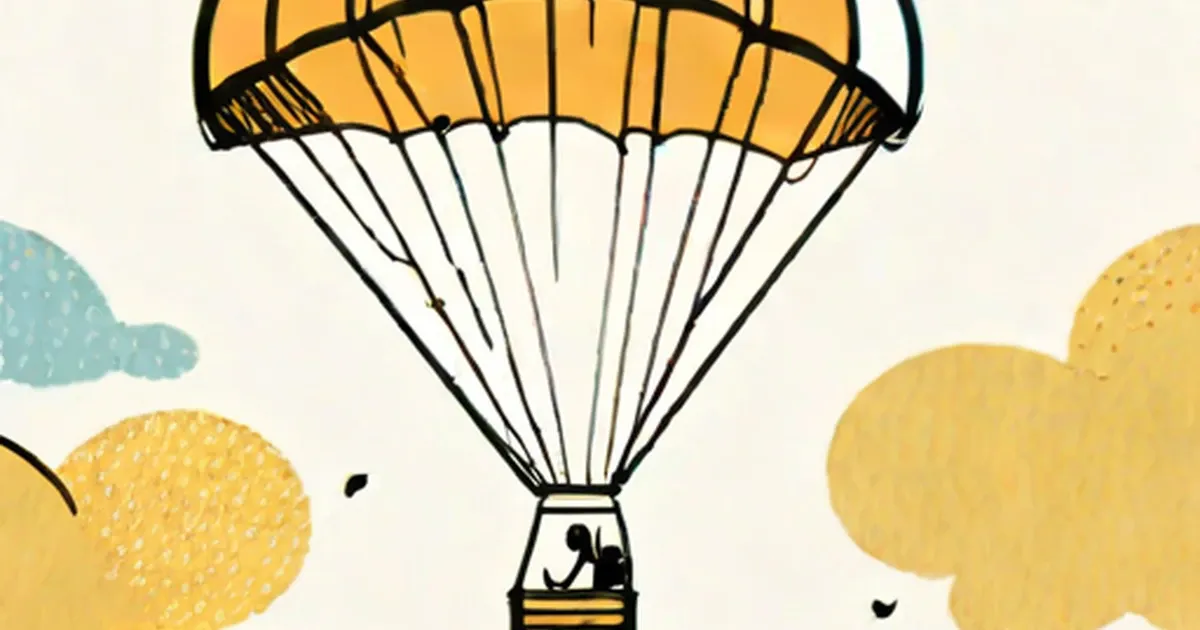 Person descending from a basket suspended beneath an orange parachute canopy