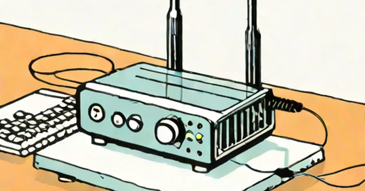 Light blue wireless router with two black antennas and indicator lights