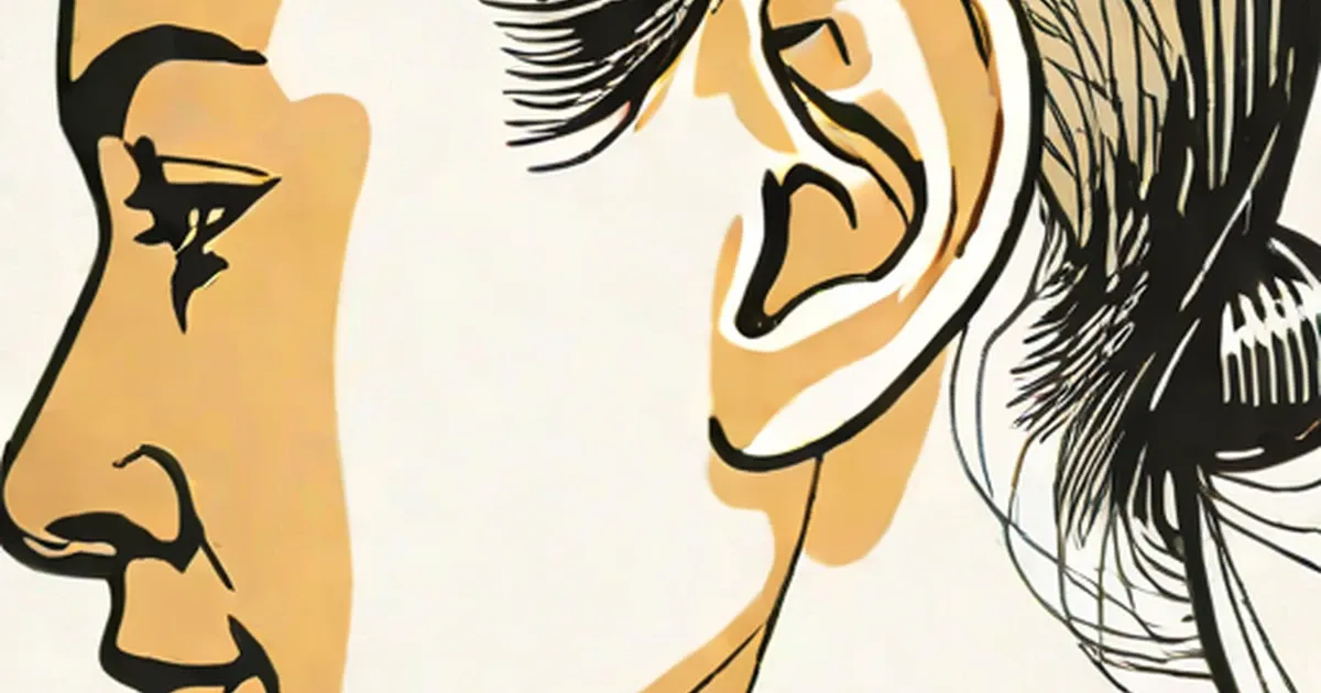 Minimalist line drawing of ears and human profile in black ink on tan background