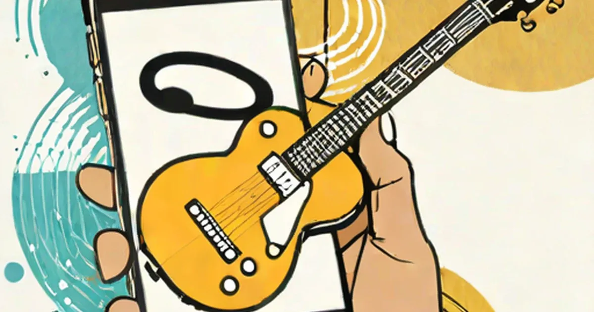 Hand holding smartphone next to yellow electric guitar with radiating sound waves