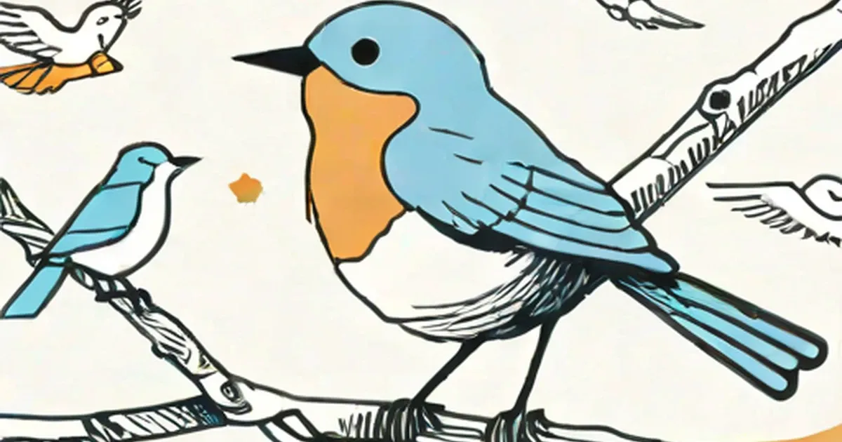 Stylized blue bird with golden chest on branch