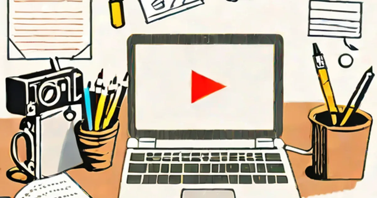 Laptop displaying red play button surrounded by creative tools and office supplies