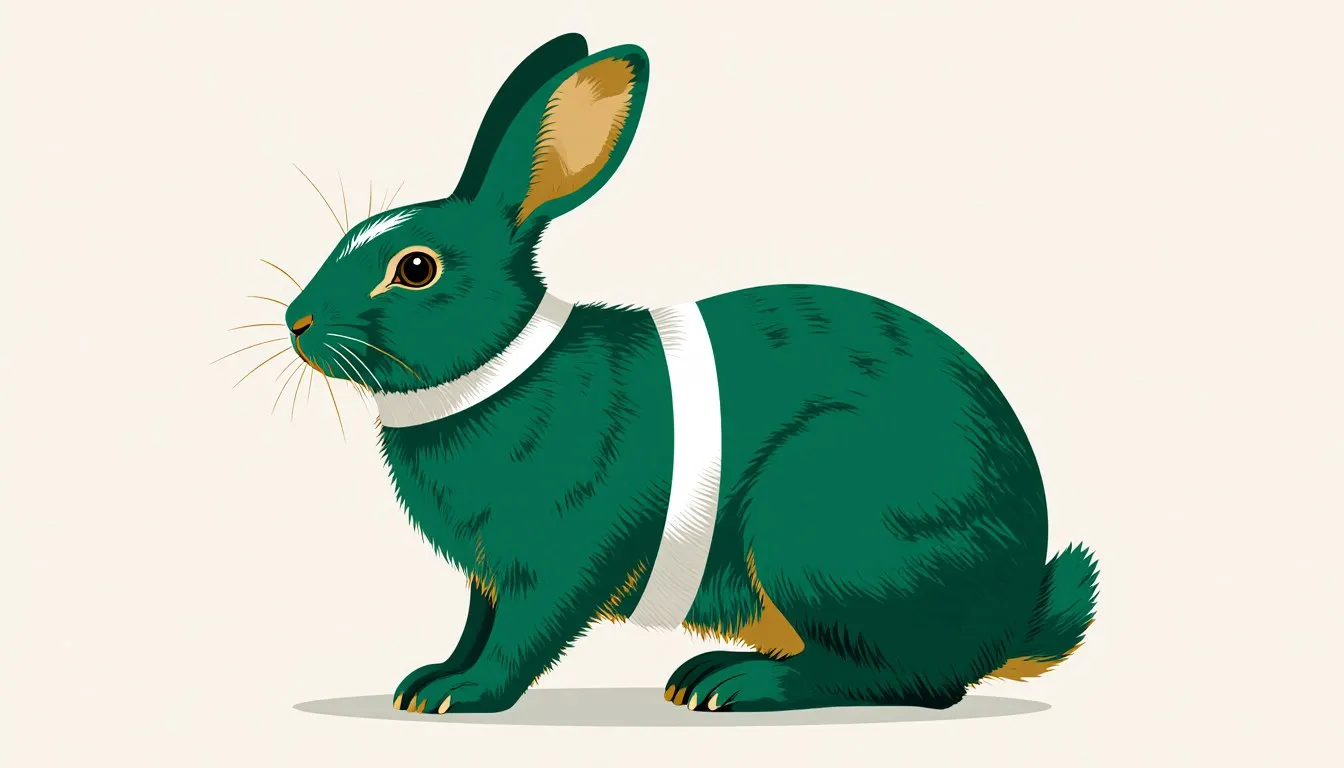A Dutch rabbit with its distinctive white-banded bicolor coat, sitting alert.