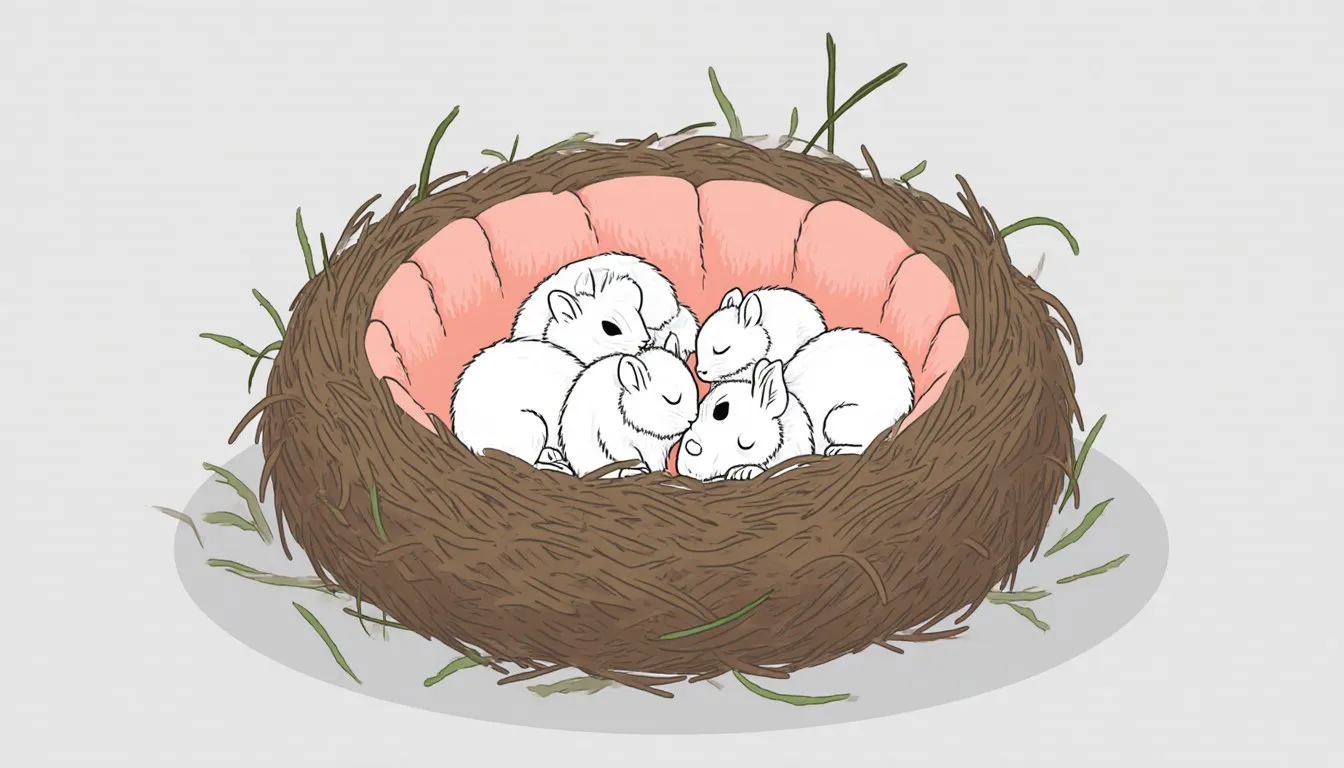 Newborn rabbit kits with closed eyes huddled together in a fur-lined nest