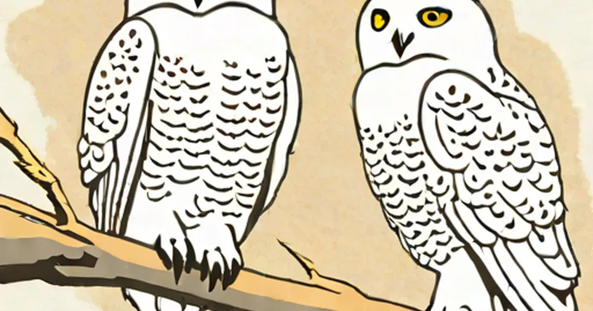 Two snowy owls with yellow eyes perched on a branch