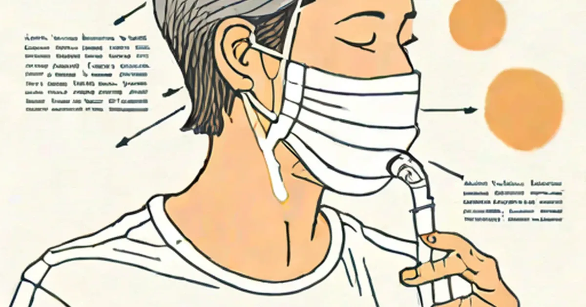 Person wearing a face mask with orange circles showing airborne particle spread
