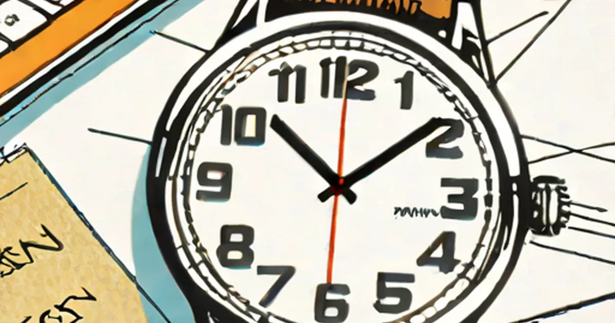 Analog clock with black numerals and hands on white face in comic style