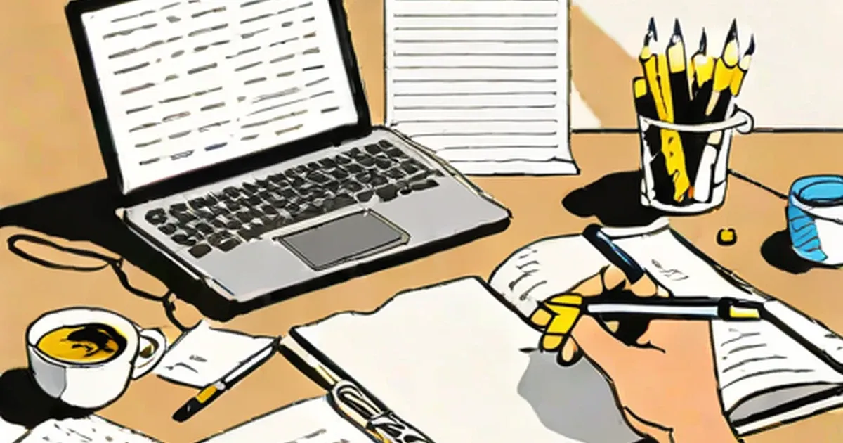 Cluttered writer’s desk with laptop, papers, pencils, and frustrated coffee