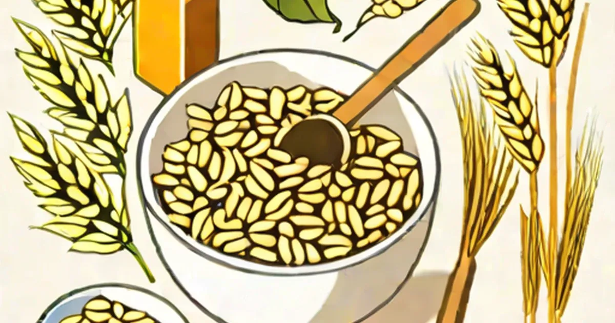 Wooden spoon in a bowl of oatmeal surrounded by oat grain stalks
