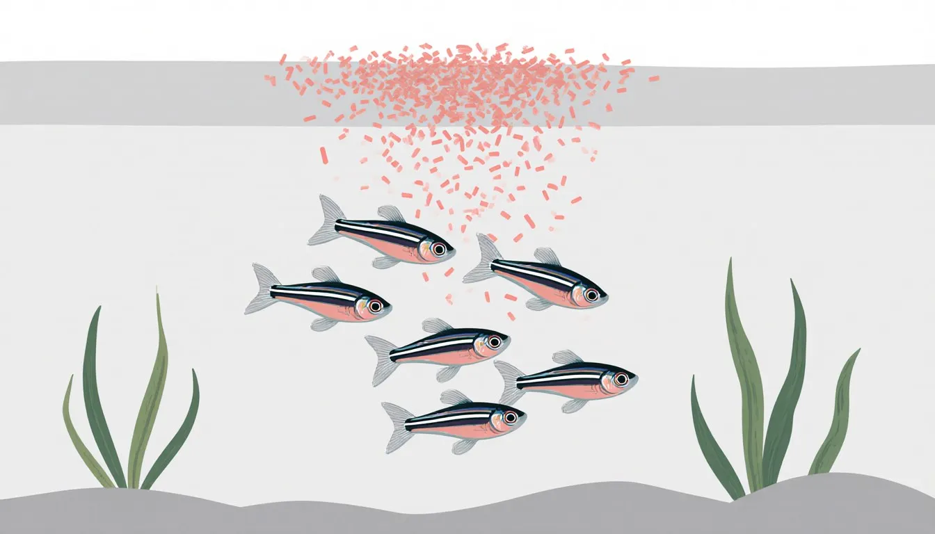 A school of neon tetra fish swimming up toward flakes of food drifting through the water