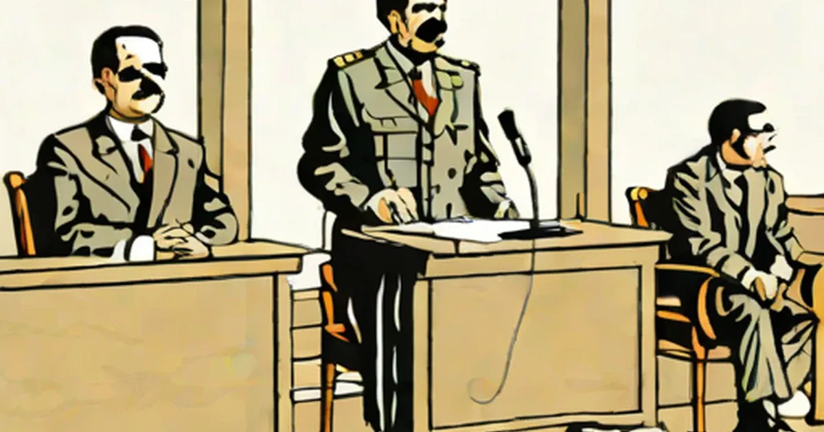 Illustration of Saddam Hussein in military uniform during trial proceedings