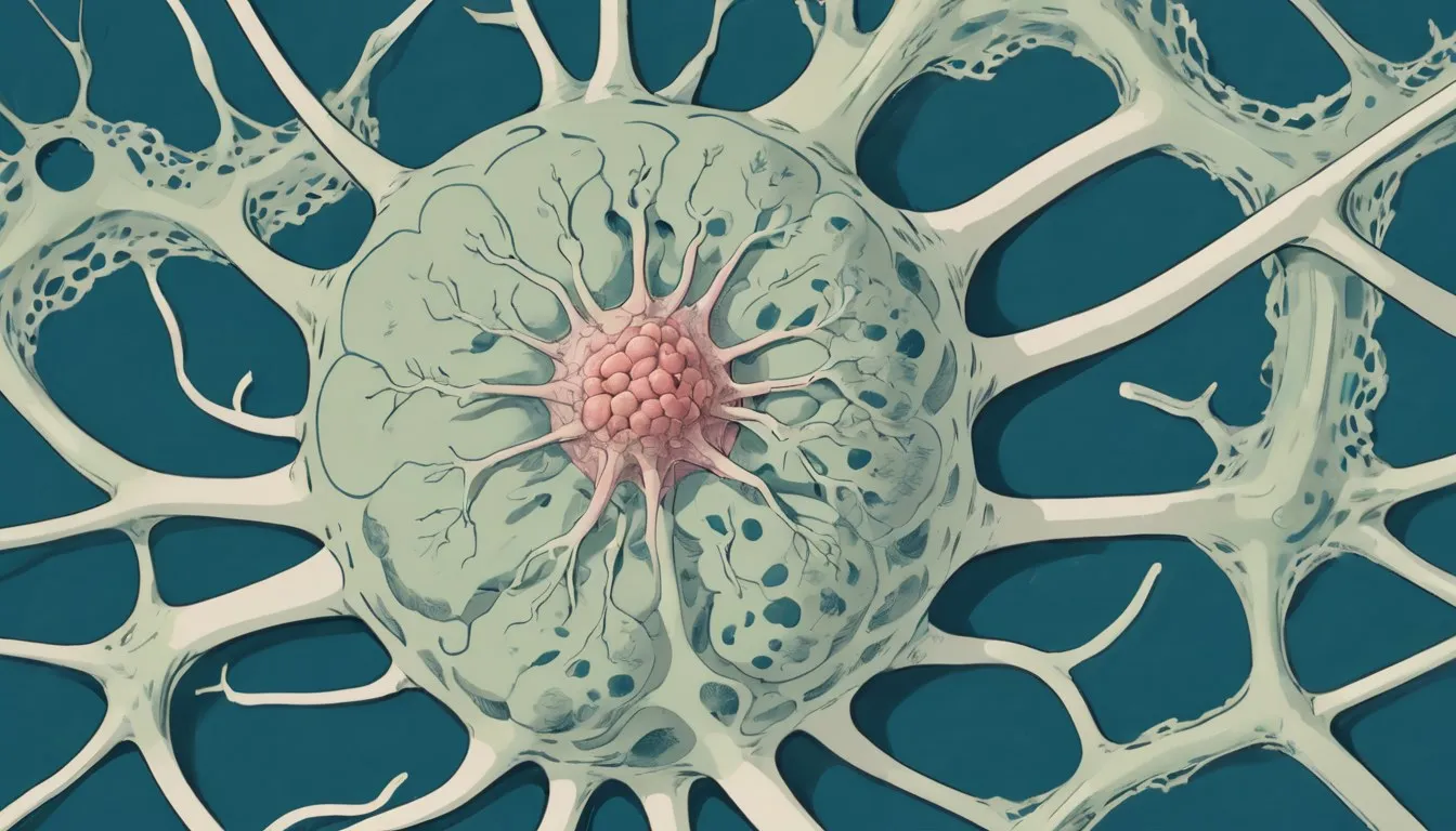 Illustration of a macrophage engulfing bacteria near antibody shapes and a lymph node, representing immune system function.
