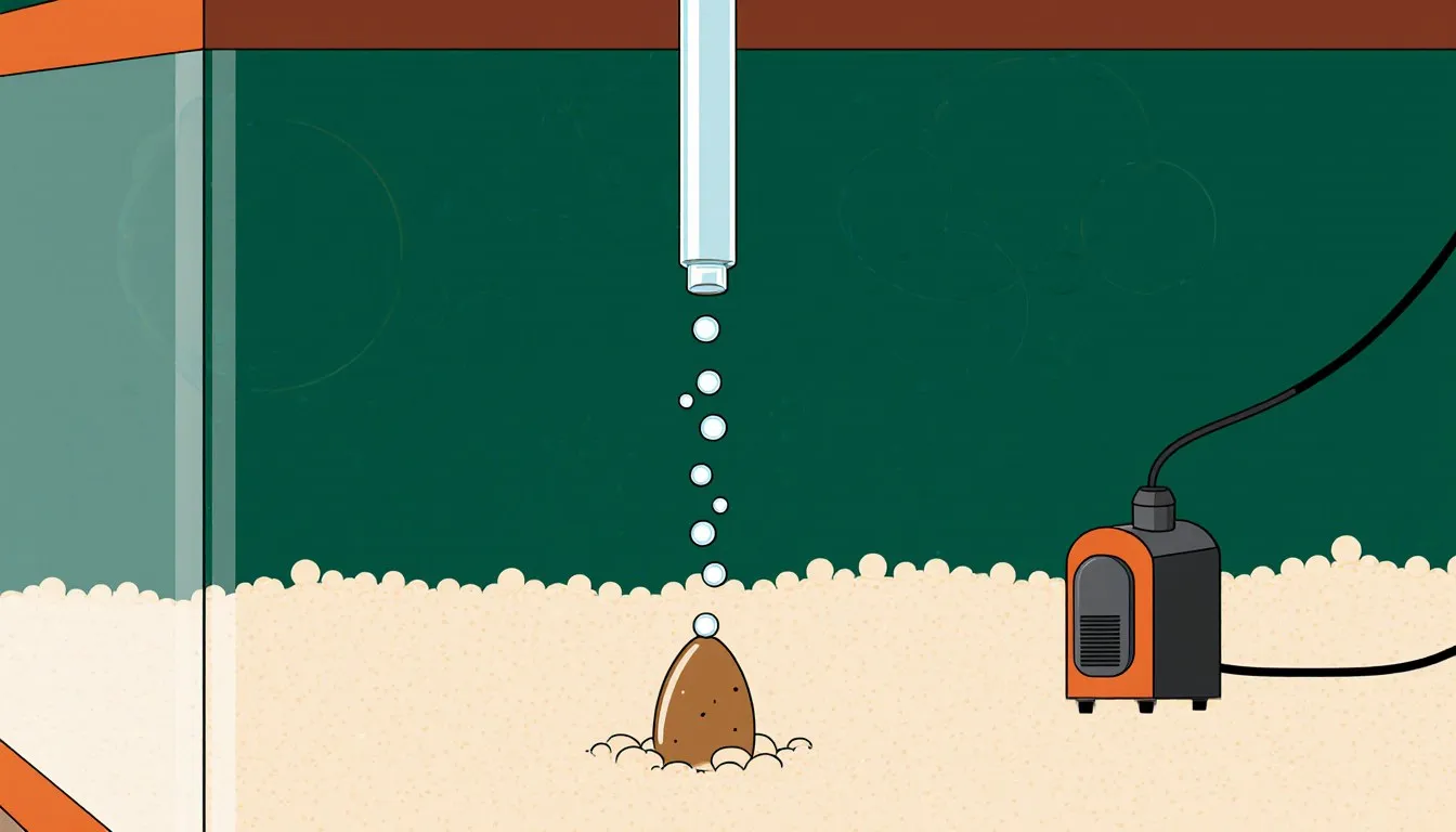 An airstone releasing bubbles inside an aquarium, connected by tubing to an air pump beside the tank