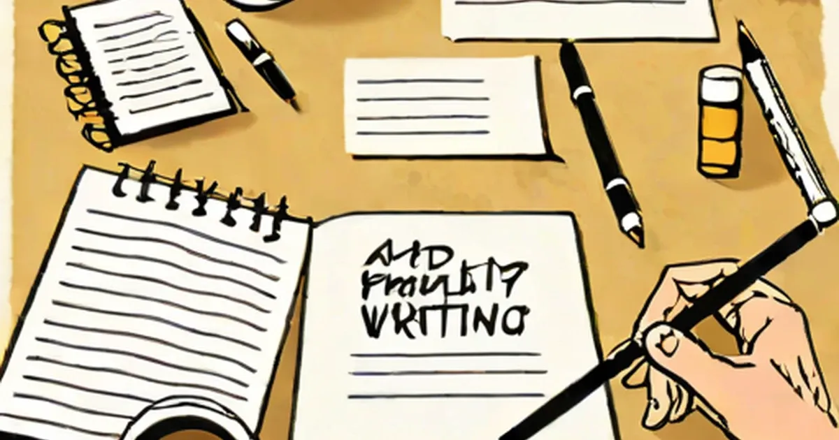 A hand holding a pen above a lined notebook surrounded by blank pages and writing supplies on yellow