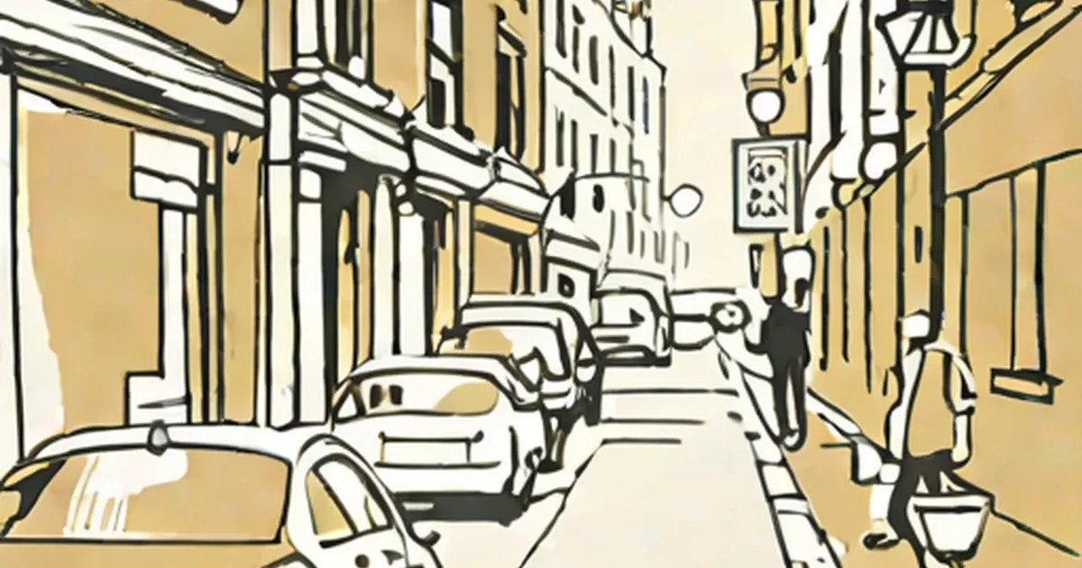 Illustrated street scene with parked cars and residential buildings in yellow and black