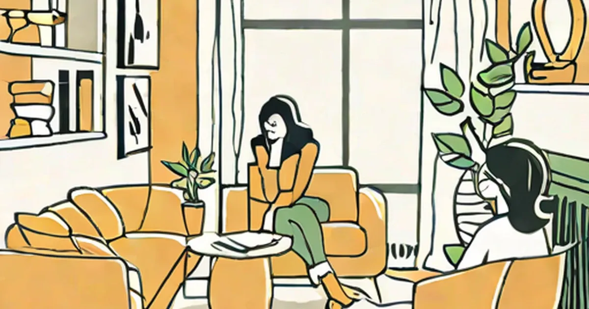 Woman on yellow sofa in bright modern living room with indoor plants