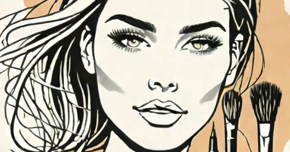 Illustration of a woman with dramatic black eye makeup and makeup brushes