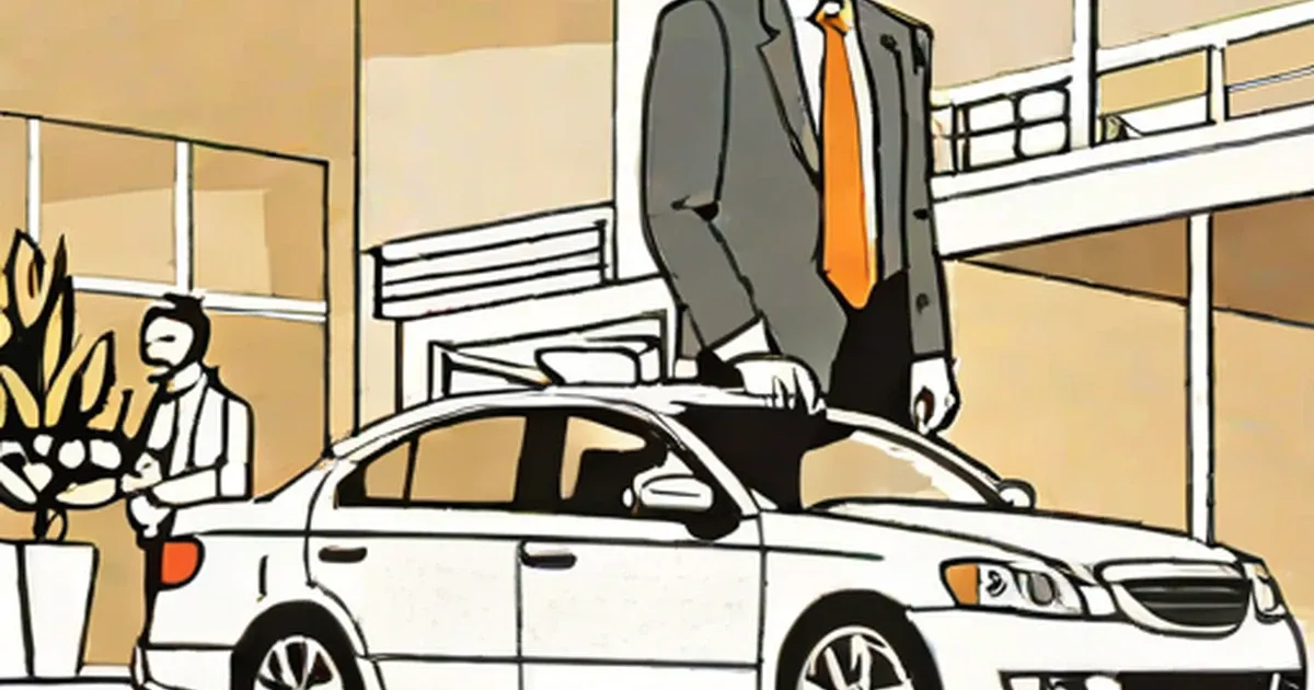 Salesman in suit and orange tie presenting a white sedan in a modern dealership showroom