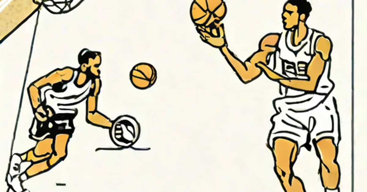 Two basketball players in action, passing and shooting a ball