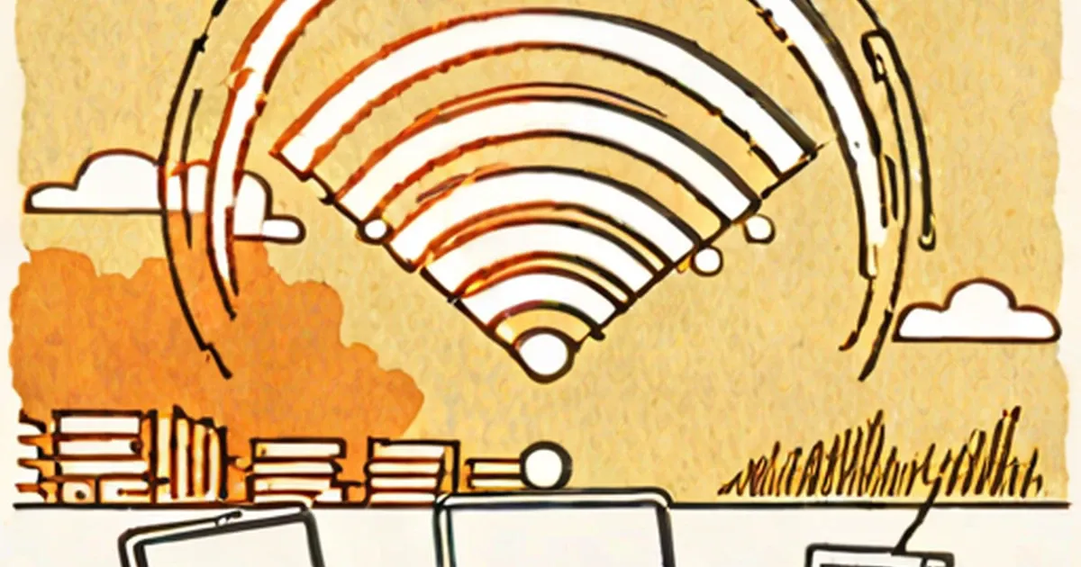 WiFi icon with orange radiating signal waves above a house and trees