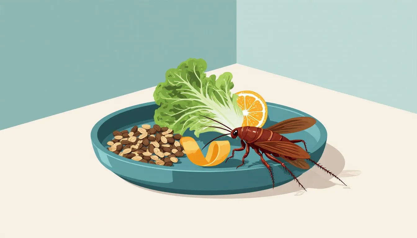 Dubia roach beside a dish of lettuce, grains, and fruit peel used for feeding
