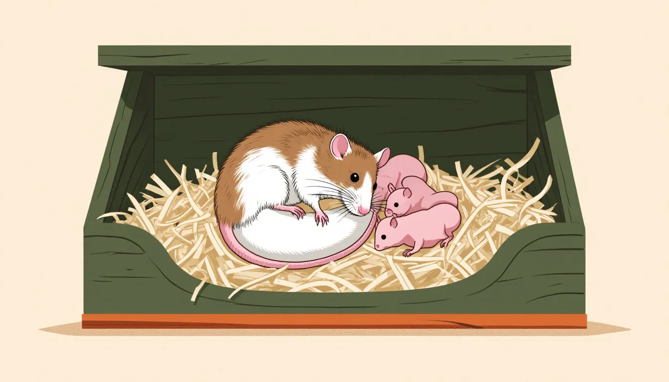 A mother rat curled protectively around newborn pups in a bedded nesting box