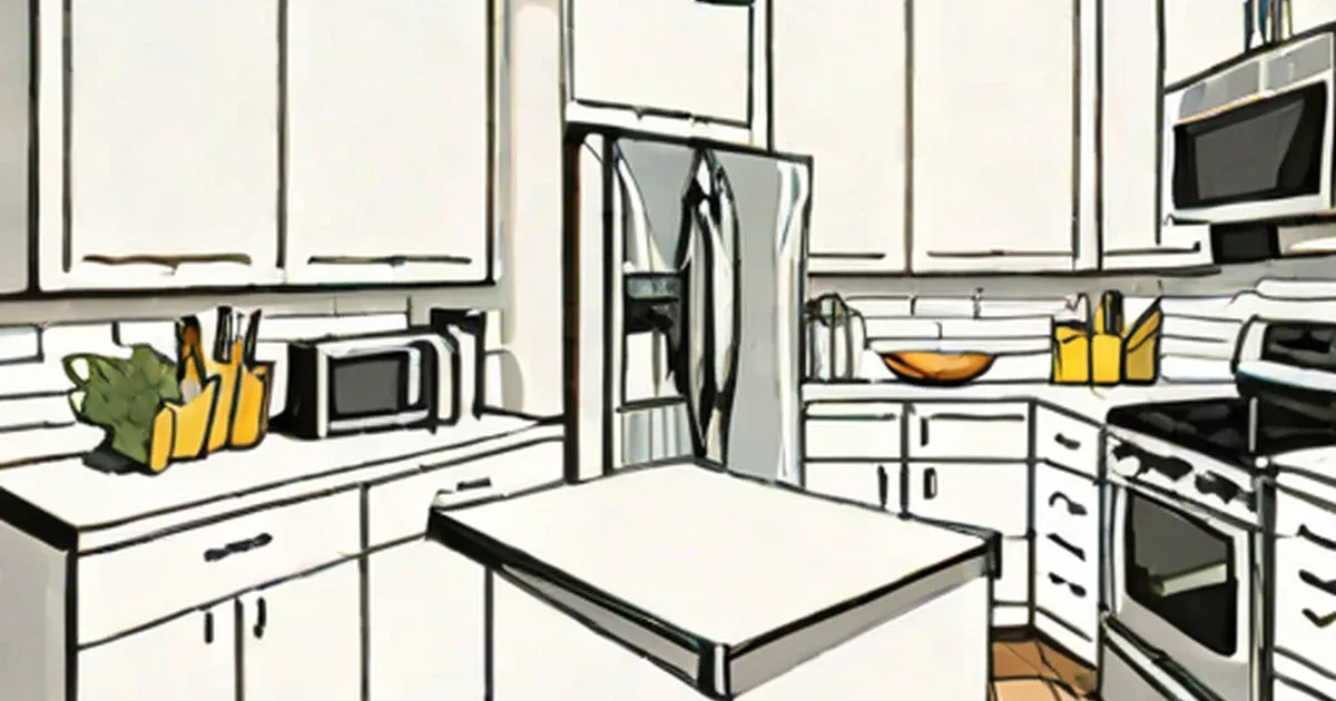 Illustrated kitchen interior with white cabinetry and stainless steel appliances