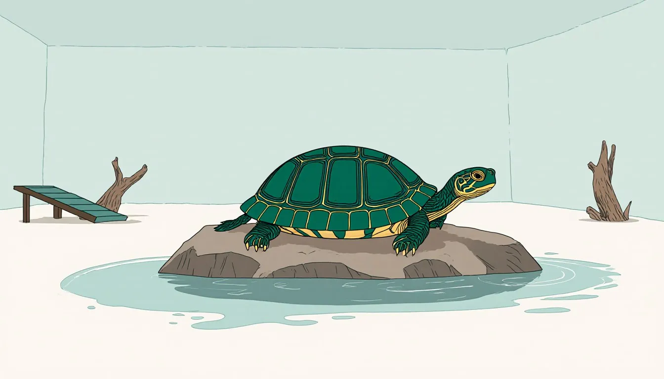 Illustration of an African side-necked turtle basking on a rock beside its tank water, neck folded sideways beneath its shell