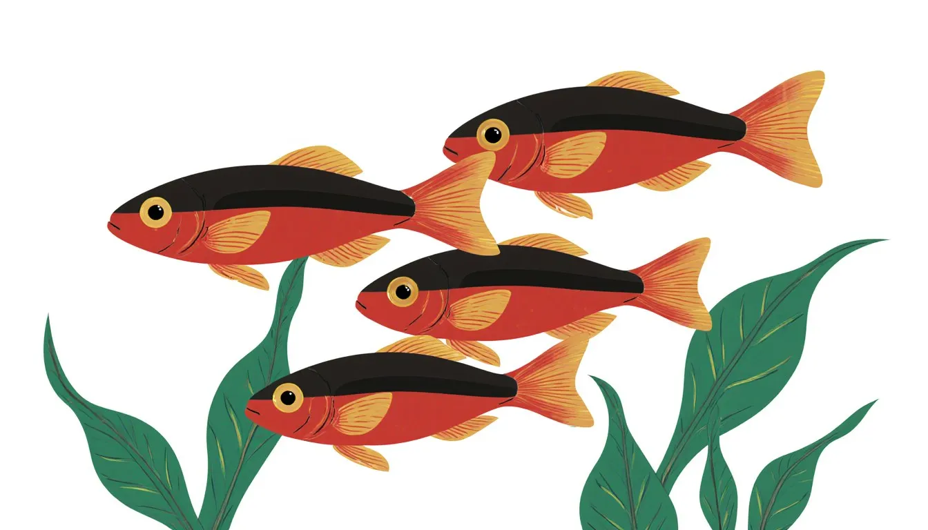 A small school of reddish cherry barb fish swimming together among aquarium plants