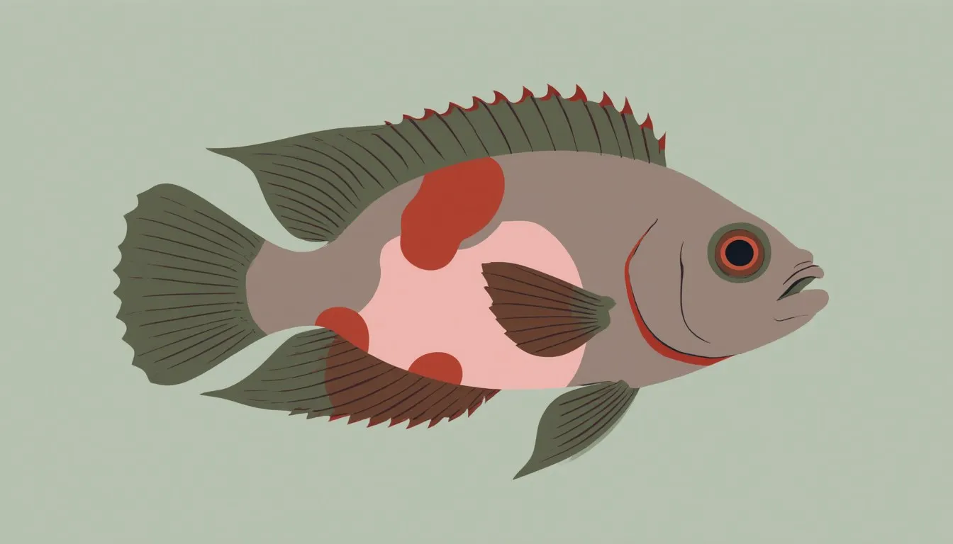 Illustration of a flowerhorn cichlid with a bulging forehead hump and marbled red-pink body