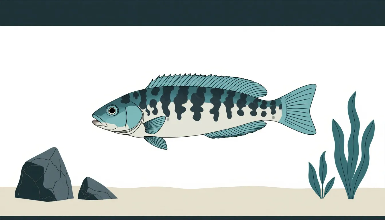 A jaguar cichlid with its distinctive dark-blotched body swims through open water near aquarium rockwork.