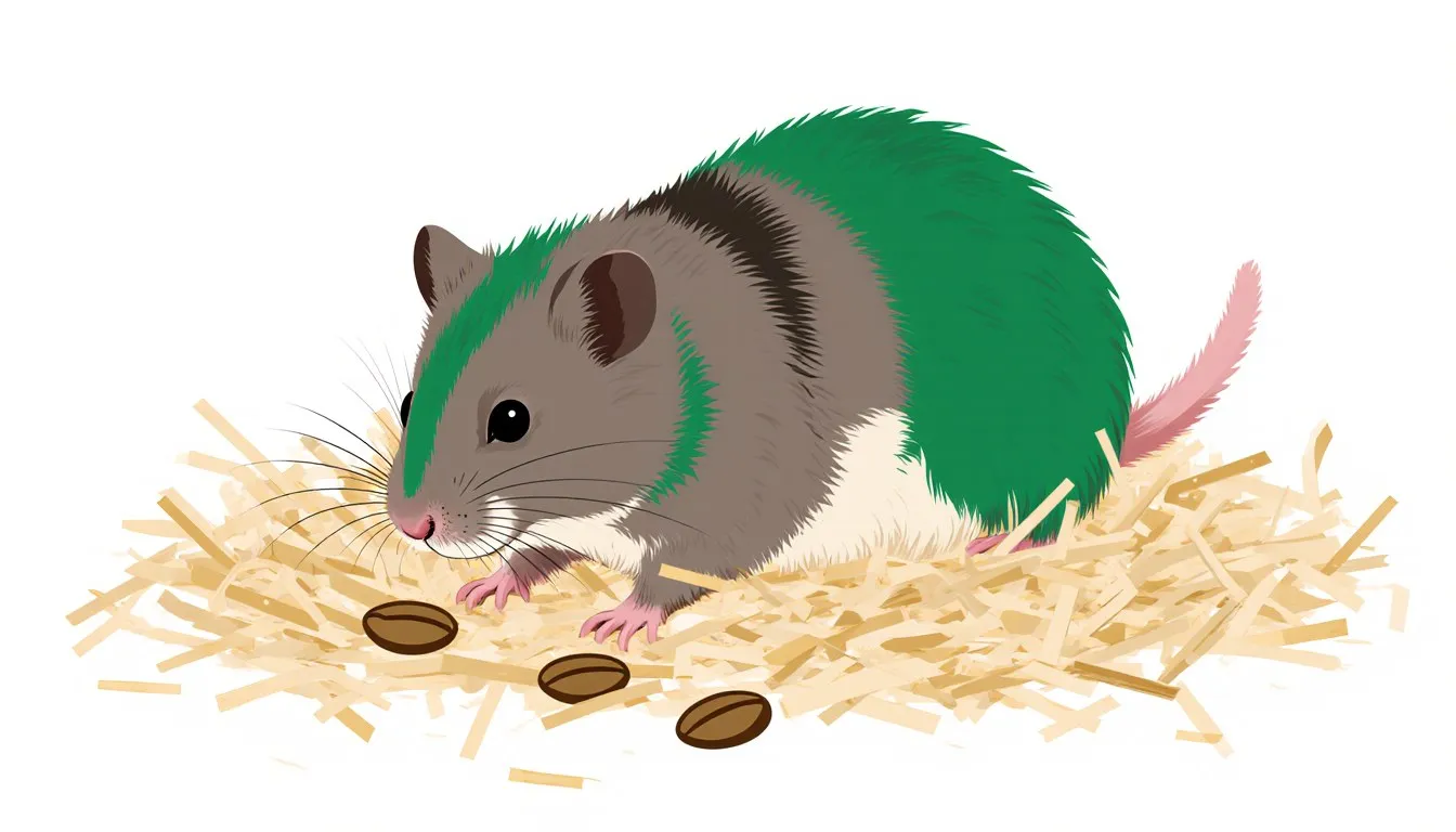 Illustration of a Djungarian dwarf hamster with its signature dorsal stripe, sitting in soft bedding with sunflower seeds