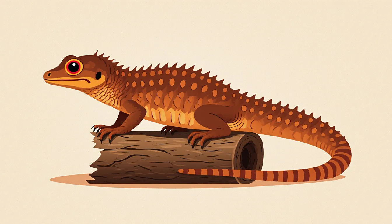 Illustration of a red-eyed crocodile skink with ridged, crocodile-like skin and orange-red rings around its eyes