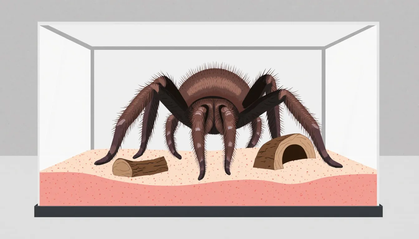 A large pet tarantula standing on substrate inside a glass terrarium beside a piece of bark
