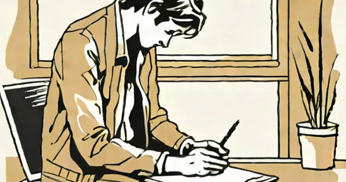 Person writing at a desk by a window with a potted plant