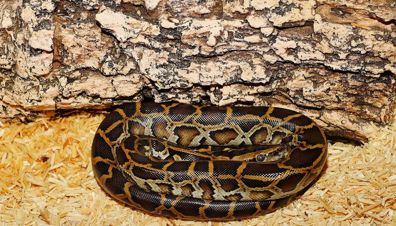A ball python coiled on aspen bedding in its enclosure