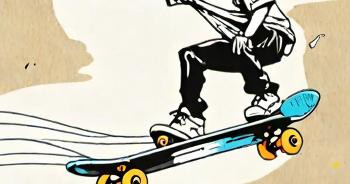 Skateboarder with arms raised riding a blue and black skateboard with yellow wheels
